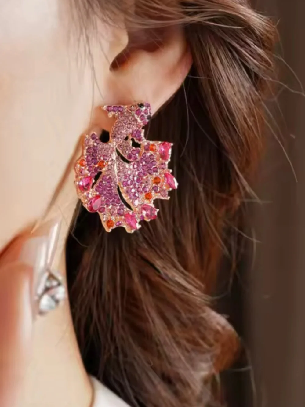 Elegant Anthropologie Pink & Purple Crystal Leaf Statement Earrings